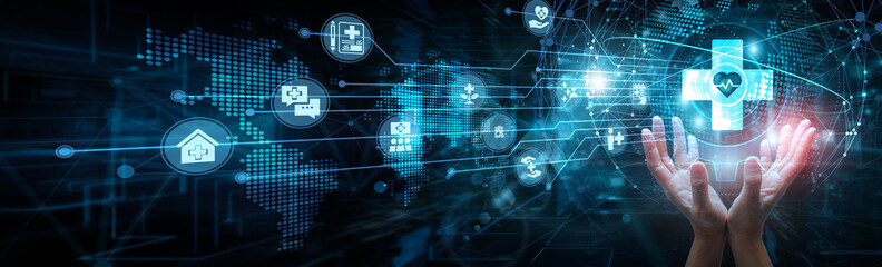 Medical technologist holding global network and healthcare systems, diagnostics monitoring...
