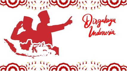 Indonesian Independence Day greeting card banner with patriotic hero silhouettes, a national map outline