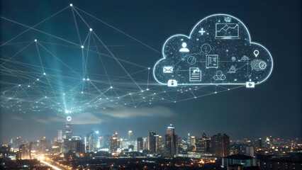 Futuristic cloud network with glowing data nodes, dark background, digital city lights below