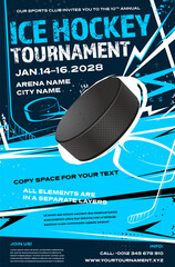 Ice hockey tournament dynamic poster template with puck