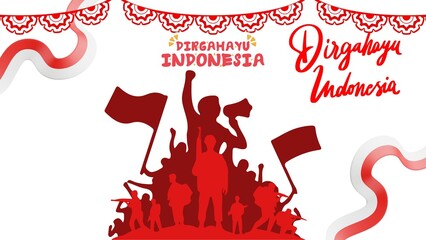 Patriotic silhouette of a crowd celebrating Indonesian Independence Day with flags and festive decorations