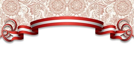 Elegant Red and White Ribbon Banner with Floral Pattern Background Design