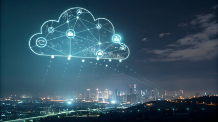 Futuristic cloud network with glowing data nodes, dark background, digital city lights below