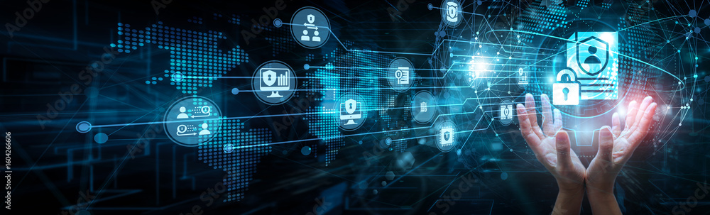 Poster compliance officer holding global network and data privacy solutions, encryption anonymization acces