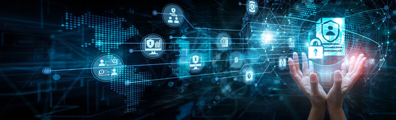 Compliance officer holding global network and data privacy solutions, encryption anonymization access control regulation GDPR identity protection consent management, and automation.