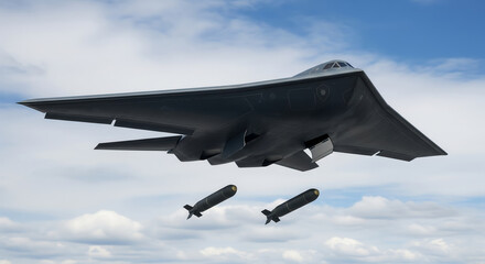 B-2 Spirit stealth bomber releasing bombs from high altitude, showcasing advanced stealth technology, military precision, and aerial warfare capabilities.