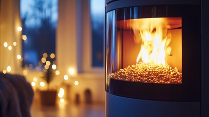 Wood pellet stove with fire burning inside