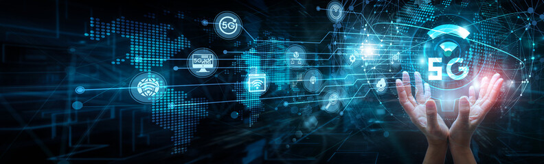 Telecom engineer holding global network and 5G technology systems, ultra-fast connectivity low...