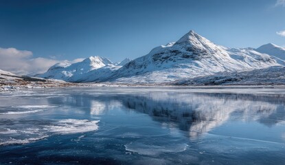 Fototapeta premium Frozen lake reflecting snowy mountains