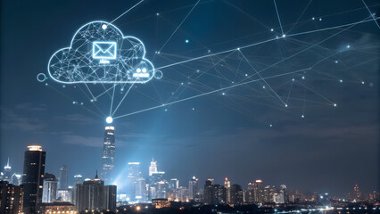 Futuristic cloud network with glowing data nodes, dark background, digital city lights below