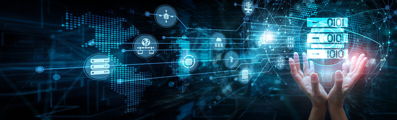 Data analyst holding global network and big data analytics, volume velocity variety processing insights storage visualization real-time decision-making cloud intelligence, and patterns.