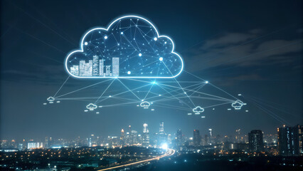 Futuristic cloud network with glowing data nodes, dark background, digital city lights below