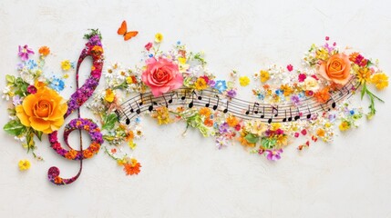 Treble clef made of flowers with music notes