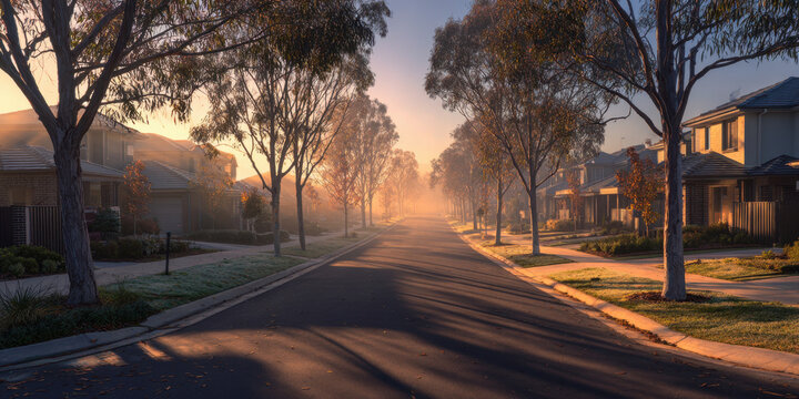 Suburbian Serenity: A quiet neighborhood street is bathed in the soft, golden light of a sunlit morning, framed by houses, creating an idyllic ambiance.