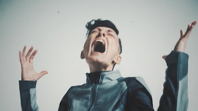 Intense Portrait of a Screaming Woman with Raised Hands Against White Backdrop