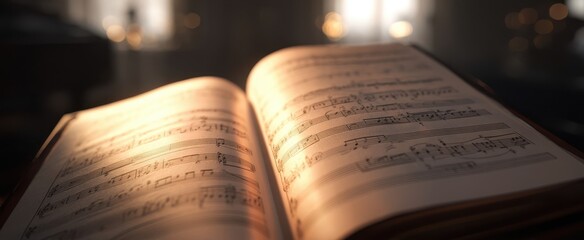 The beautifully illuminated sheet music book resting on a piano.