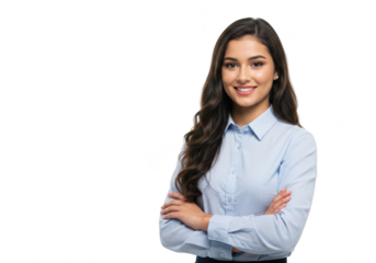 A young and attractive businesswoman with crossed arms is smiling confidently