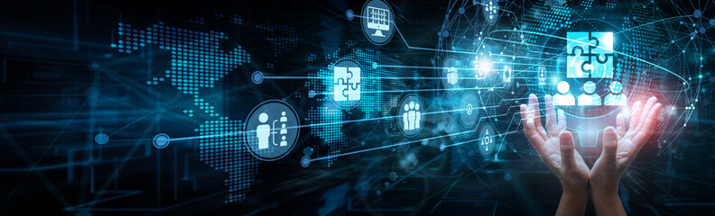 Team leader holding global network and teamwork collaboration, communication coordination...