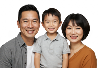 A happy asian family of three is smiling together in a closeup portrait against a