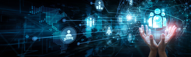 Executive holding global network and leadership strategy, vision decision-making motivation...