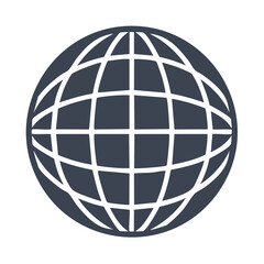 Simple gray globe icon graphic with white grid lines representing global communication or international network