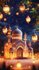 Obraz premium Illuminated mosque at night with decorative lanterns.
