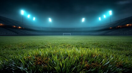 Empty soccer stadium at night under bright floodlights