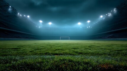 Empty soccer stadium under dramatic nighttime floodlights