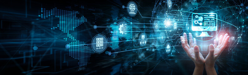 Programmer holding global network and computer science systems, algorithms data structures software...