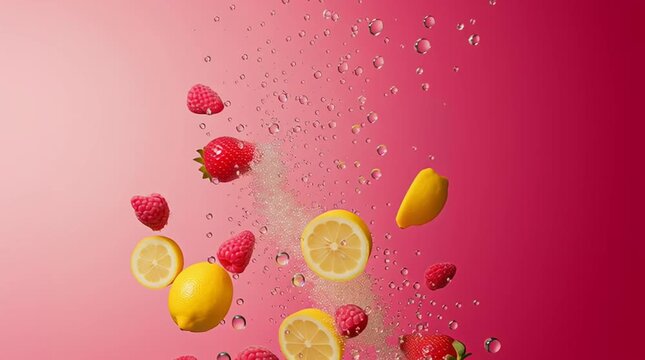 raspberries strawberries and lemons falling into carbonated water, on pink background