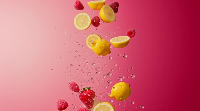 raspberries strawberries and lemons falling into carbonated water, on pink background