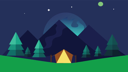 Night Camping Scene with Tent and Glowing Lights Vector Illustration