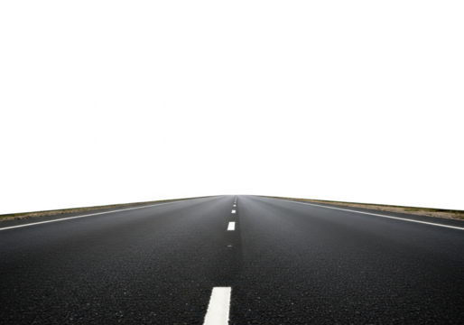 A long straight asphalt road with white lines stretches into the distance on a