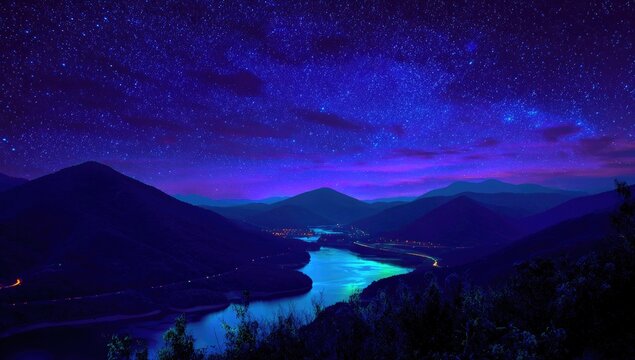 Night sky over mountains and a river valley