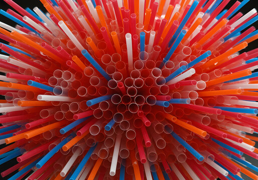 Colorful Straw Explosion Sphere &ndash; Vibrant Abstract Ball Made of Drinking Straws in Artistic Burst Composition for Creative Editorial Use