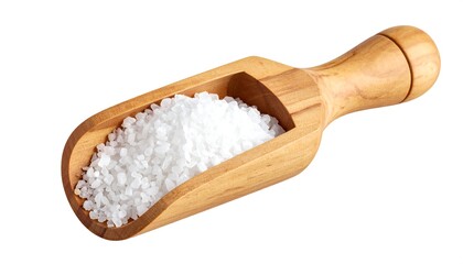 Wooden scoop filled with coarse white salt