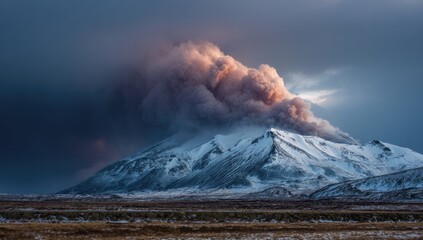 Dramatic volcanic eruption over snow-capped mountain range