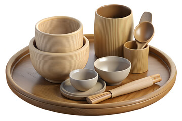 Natural bamboo kitchenware and utensils on a wooden tray
