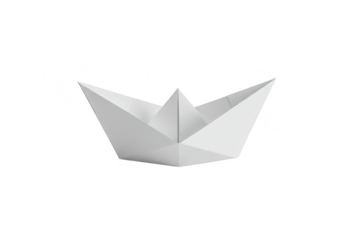 A simple white paper boat sits on a transparent background folded in origami