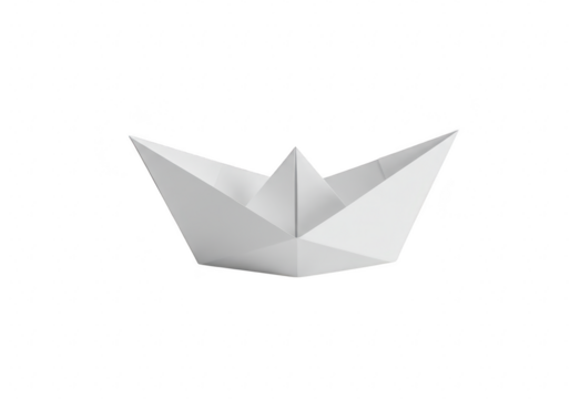 A simple white paper boat sits on a transparent background folded in origami