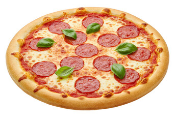 A delicious pepperoni pizza with basil leaves sits on a transparent background