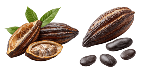 Dark cacao pods and beans.  Two opened cacao pods,  dark brown,  show inner bean pods.  Fresh green leaves.  Scattered dark beans.  High contrast