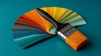 Paintbrush resting on a colorful fan of paint swatches