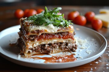 Juicy beef lasagna with arugula and parmesan