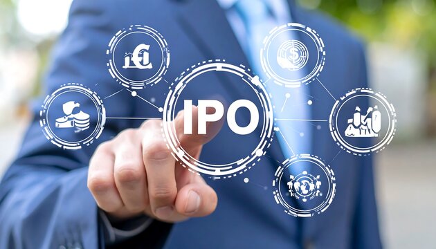 Businessman indicates IPO (Initial Public Offering) with touch screen technology