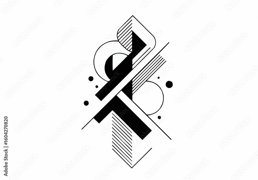 Poster Geometric abstract design with circles lines and black shapes forming a balanced symmetrical composition