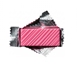 Pink bubblegum stick unwrapped in silver foil on transparent background