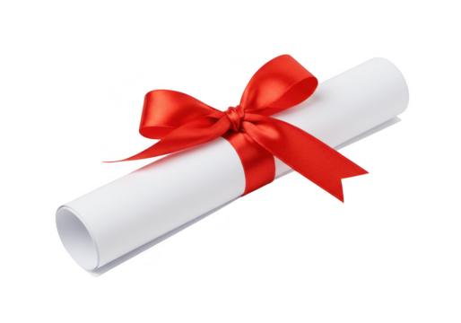 A rolled diploma tied with a bright red ribbon signifies academic achievement and