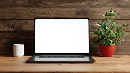 Fototapeta premium Laptop on a wooden desk with a plant and mug