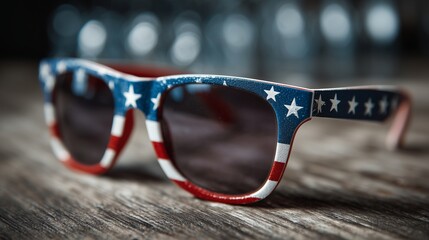 Vintage Fourth of July star sunglasses on a dynamic white blur, retro patriotic fun, festive shades